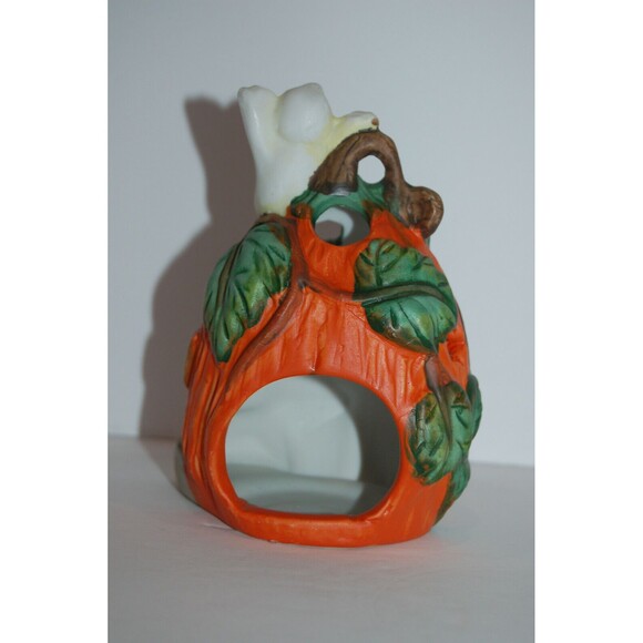 VINTAGE 4.5”x3.5” HALLOWEEN TEA LIGHT CANDLE HOLDER PUMPKIN HOUSE WITH GHOST - Picture 3 of 7